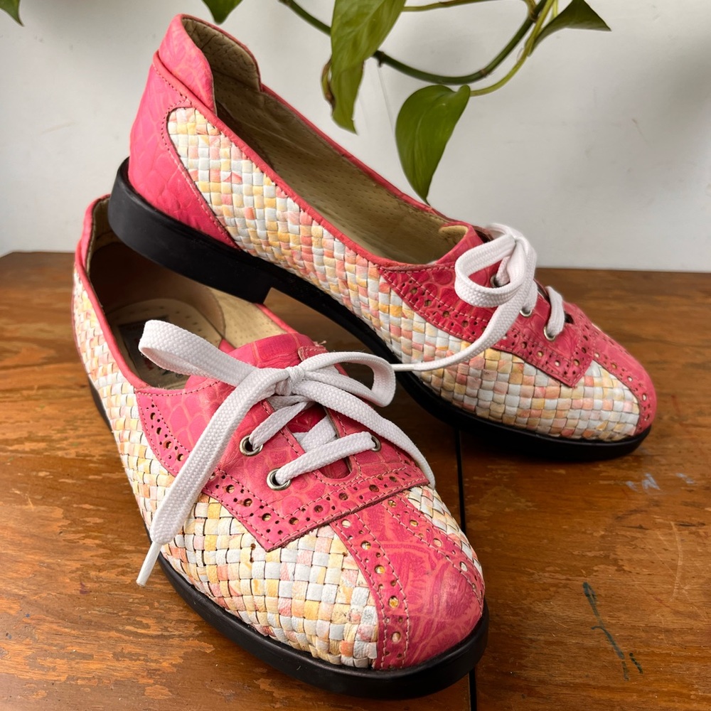 Aerogreen Trani Hand Woven Ladies Golf Shoes 8 Ballerina Pink Magenta Beige Croc
